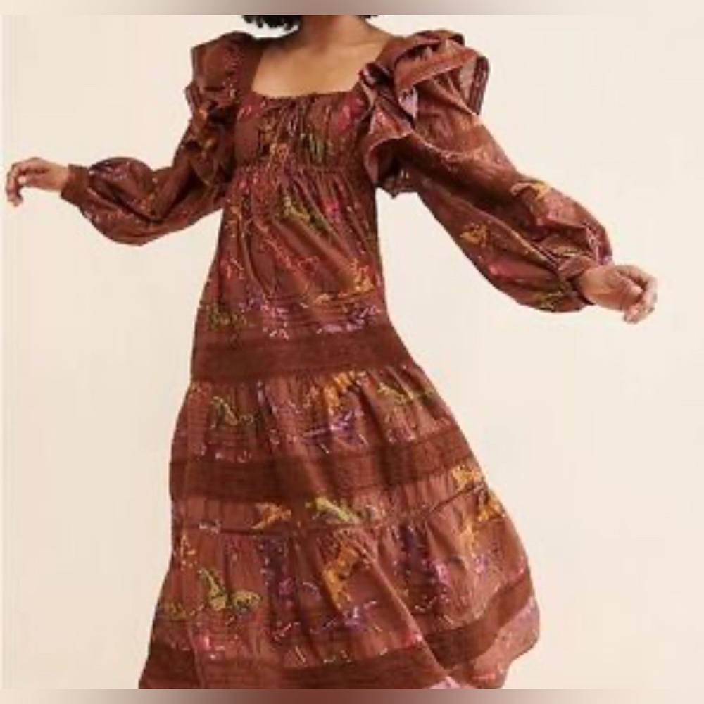 Farm Rio empire waist milkmaid dotted horse maxi Brown Dress NWT XS
